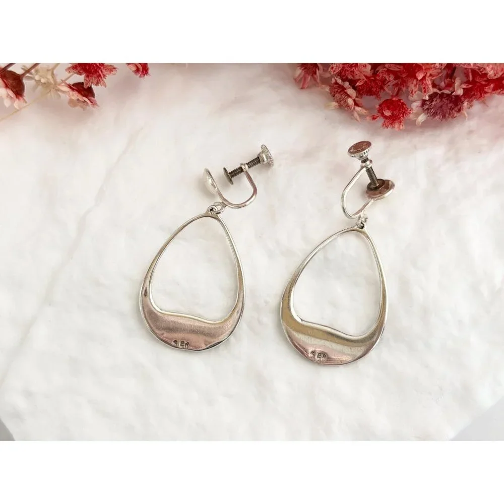 Teardrop Hoop Turquoise Screw Back SW Vintage Sterling Silver 925 Earrings